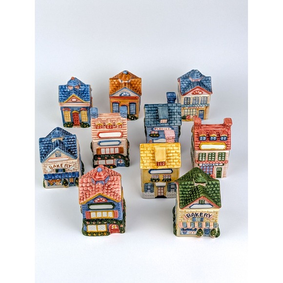 Vintage Avon Cottage Ceramic Spice Jar Village 10 pc Set Lennox Style